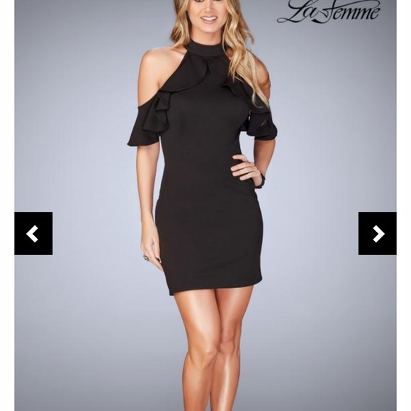 La Femme Dresses & Skirts - La Femme Black Ruffle Cold Shoulder Mini Dress